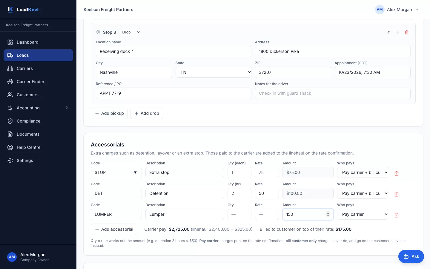 New load form showing a third stop with an appointment window and an accessorials section with extra stop, detention and lumper charges.