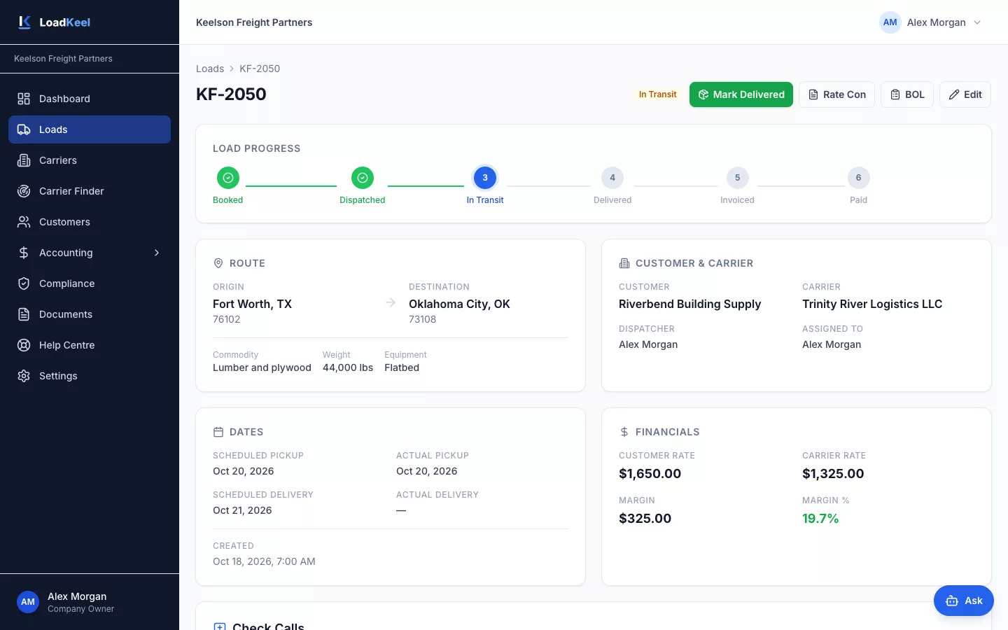 Load detail page with a progress bar from booked to paid, the route, customer and carrier, dates and financials.