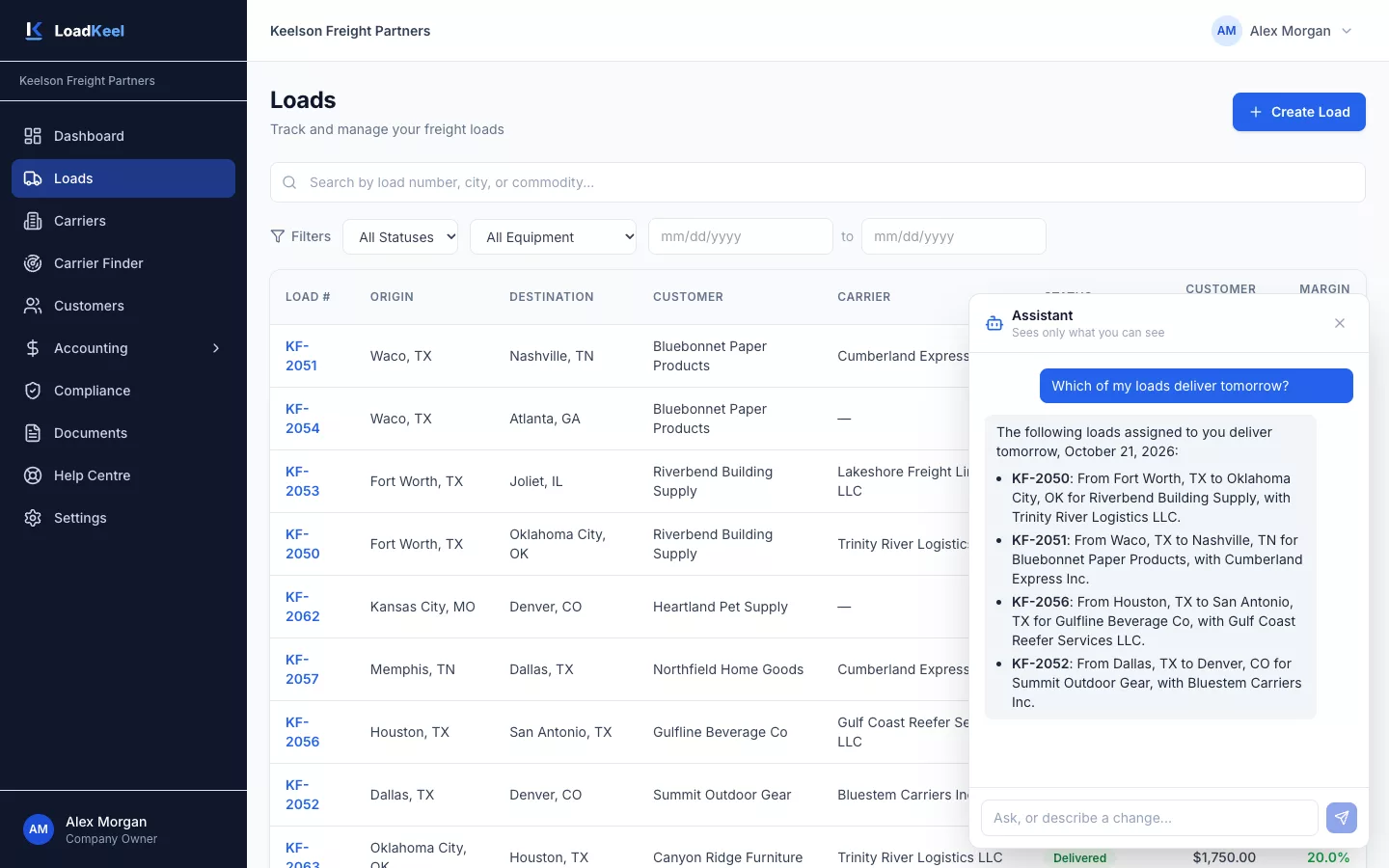 AI assistant panel answering “Which of my loads deliver tomorrow?” with a list of four loads, lanes and statuses.
