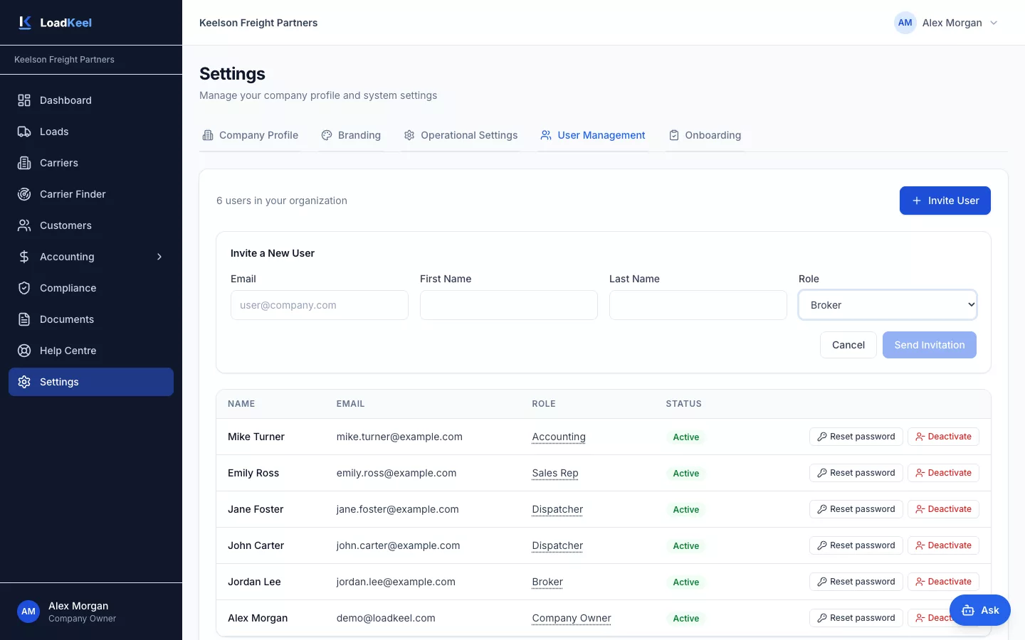 User management with an invite form, a role picker and a list of users with their roles.